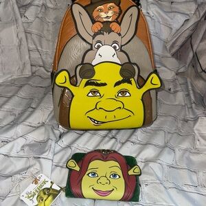 NWT Loungefly Shrek Donkey Puss Fiona Ogre Princess Backpack Wallet Set Green